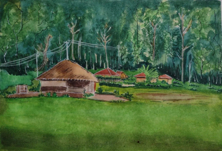 Forest Rest House (ART-15792-103384) - Handpainted Art Painting - 14in X 10in