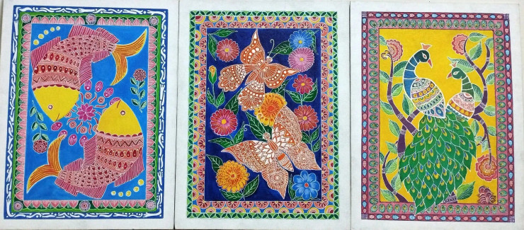 Peacocks, Fishes, Butterflies (ART-15381-103366) - Handpainted Art Painting - 36in X 16in