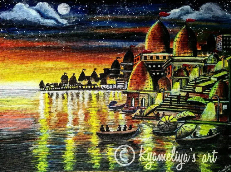 Sunset At The Ghats Of Varanasi (ART-5261-103362) - Handpainted Art Painting - 24in X 18in