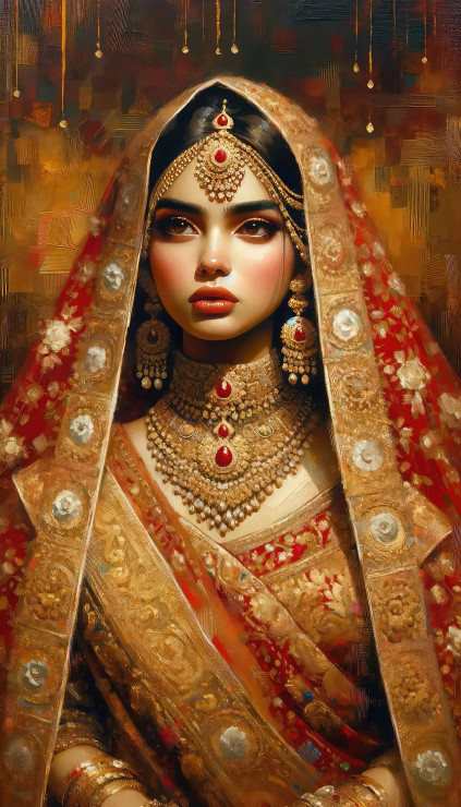 Elegance Unveiled: A Radiant Indian Bride Adorned In Rich Wedding Jewelry (PRT-15697-103408) - Canvas Art Print - 24in X 42in