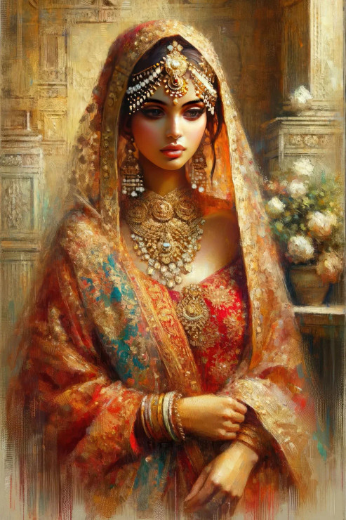 Elegance Unveiled: A Radiant Indian Bride Adorned In Rich Wedding Jewelry (PRT-15697-103406) - Canvas Art Print - 24in X 36in