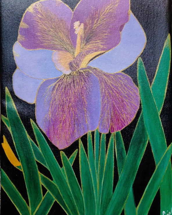 Iris Flower With Gold Viens (ART-8626-103437) - Handpainted Art Painting - 14in X 20in