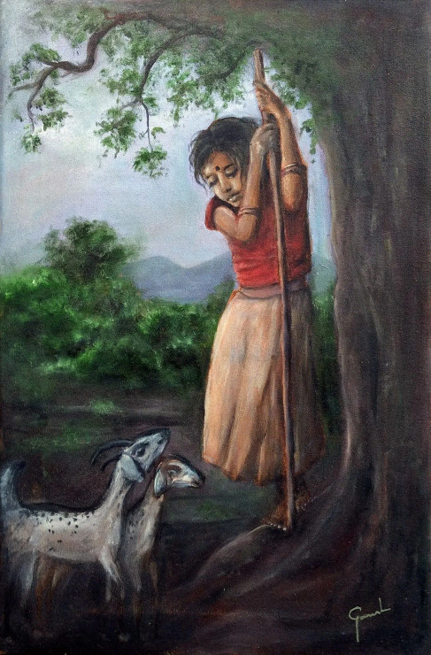 Girl With Two Goats (ART-6373-103449) - Handpainted Art Painting - 16in X 24in