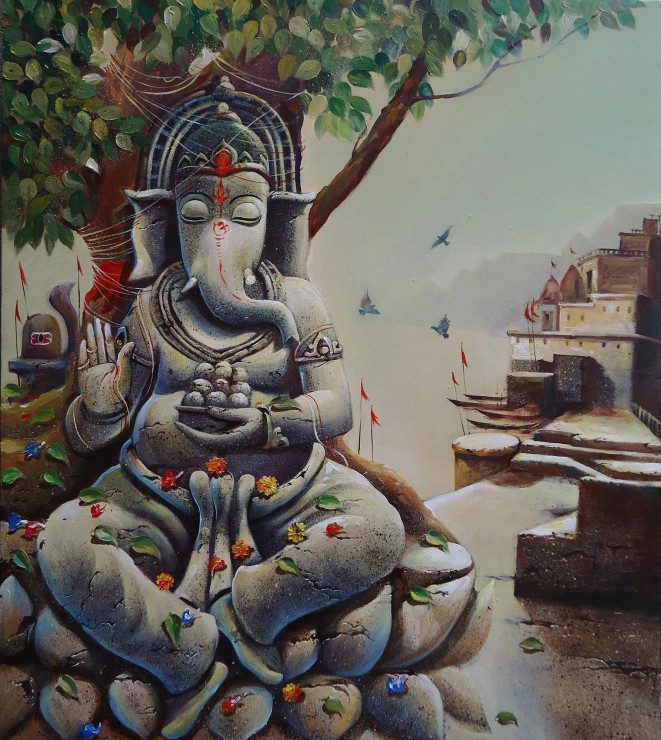 GANAPATI (ART-15797-103523) - Handpainted Art Painting - 42in X 48in