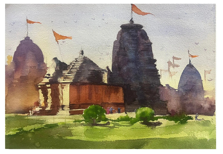 Temple (ART-15822-103455) - Handpainted Art Painting - 16in X 12in