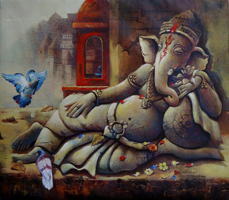 GANAPATI (ART-15797-103525) - Handpainted Art Painting - 48in X 42in