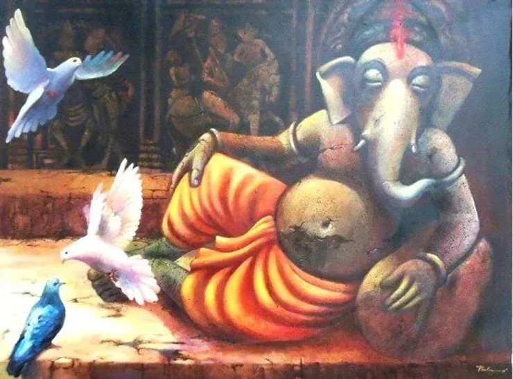 GANAPATI (ART-15797-103497) - Handpainted Art Painting - 48in X 42in