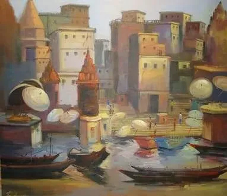 BANARAS GHAT (ART-15797-103559) - Handpainted Art Painting - 48in X 36in