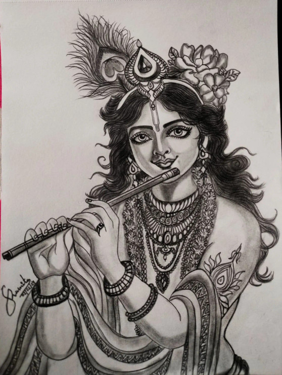Lord Krishna (ART-15812-103700) - Handpainted Art Painting - 8in X 11in