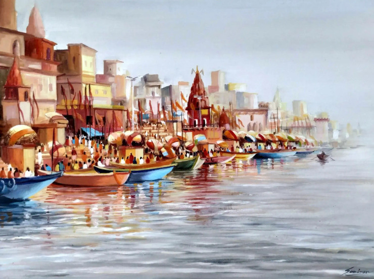 Early Morning Varanasi Ghats (ART-1232-103704) - Handpainted Art Painting - 27in X 20in