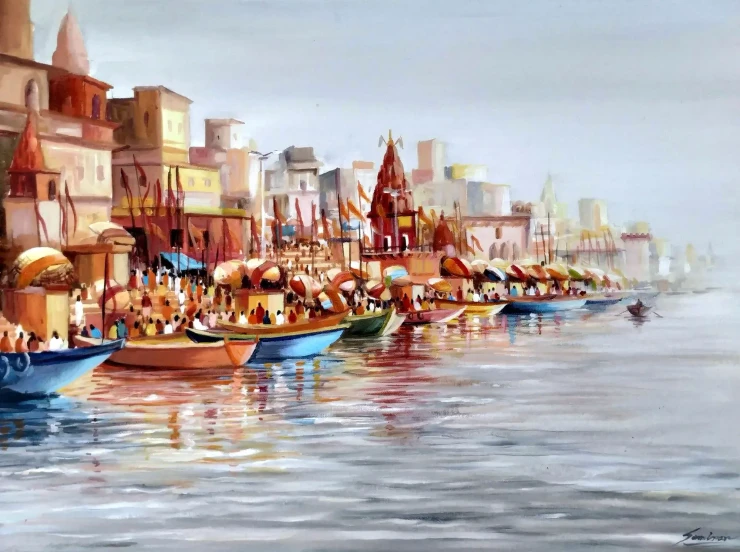 Early Morning Varanasi Ghats (ART-1232-103704) - Handpainted Art Painting - 27in X 20in