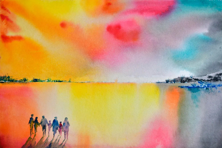 Sunset On Beach Beach, Nature Landscape, Vibrant Tone, -183 (ART-15639-103732) - Handpainted Art Painting - 28in X 20in