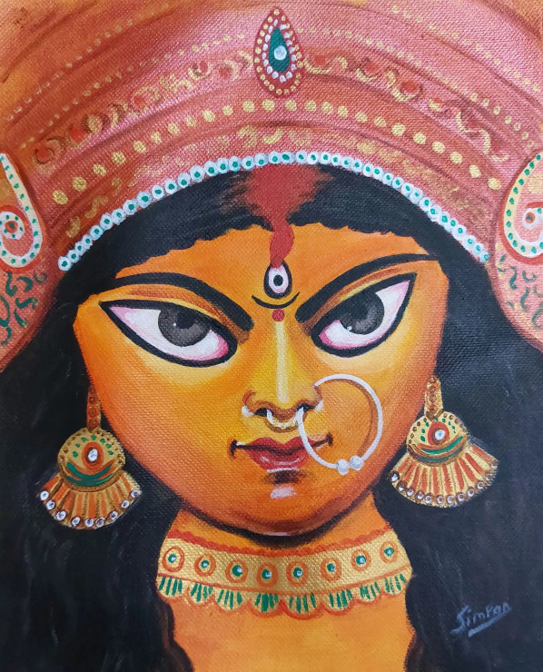 Maa Durga (ART-8800-103716) - Handpainted Art Painting - 8in X 10in