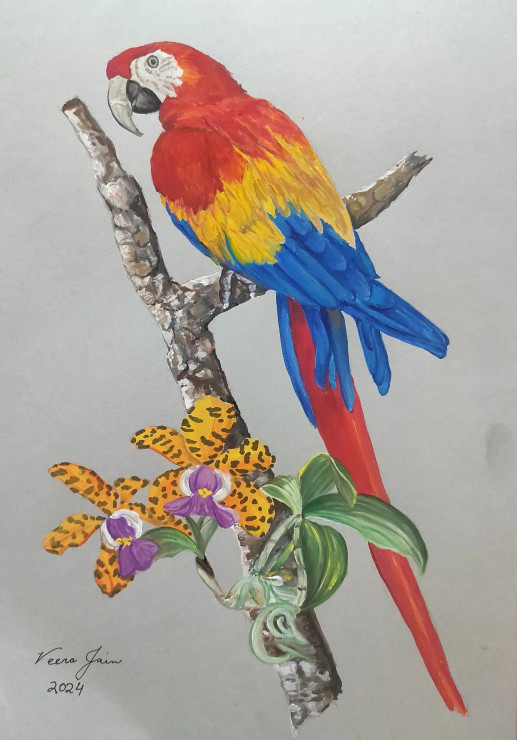 The Scarlet Macaw (ART-3827-103819) - Handpainted Art Painting - 12in X 16in