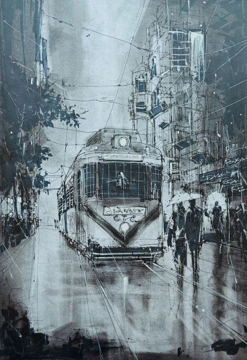 Kolkata Tram In The Rain With Loving Couple Digital 2 (PRT-8658-103860) - Canvas Art Print - 25in X 36in