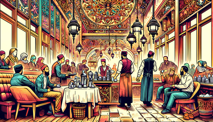 Springtime Serenade In A Bustling Turkish Cafe (PRT-8907-103893) - Canvas Art Print - 24in X 14in