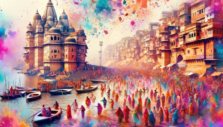 Holi Festival Bliss In Varanasi: Artistic Celebration On Ganges (PRT-8907-103866) - Canvas Art Print - 24in X 14in