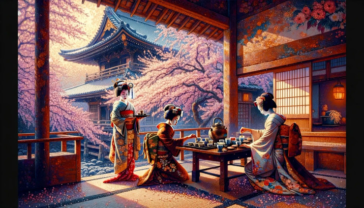 Traditional Geisha Tea Ceremony In Sakura Season: A Cultural Jewel (PRT-8907-103877) - Canvas Art Print - 24in X 14in