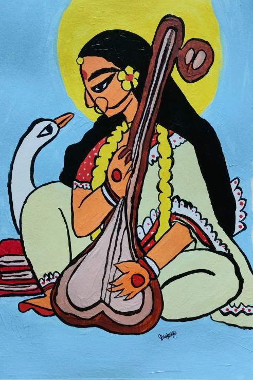Abstract Saraswati Painting (ART-15871-103865) - Handpainted Art Painting - 9in X 12in