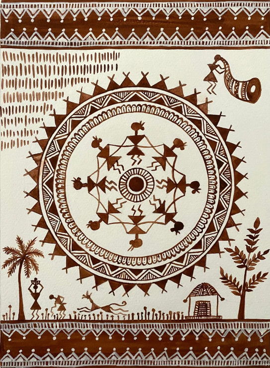 Warli Art Mandala (ART-15599-103883) - Handpainted Art Painting - 8in X 11in