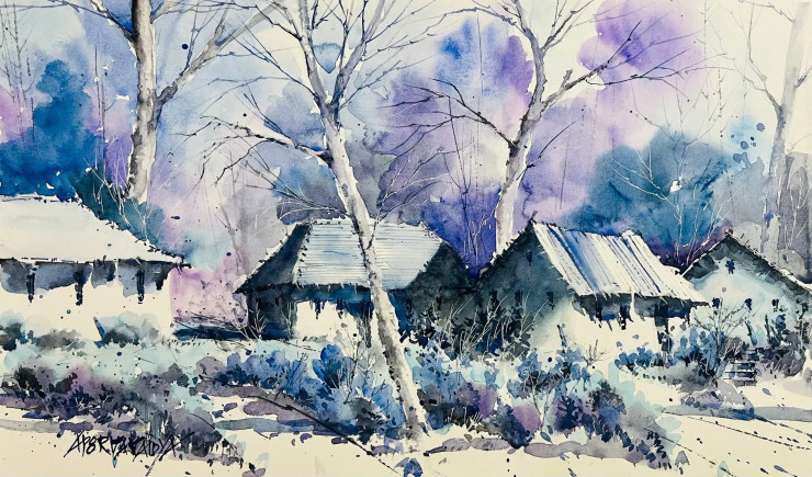 Winter Village 1 (ART-15877-103899) - Handpainted Art Painting - 17in X 10in