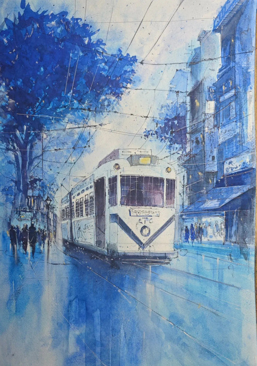 Kolkata Tram In Cobalt Blue (ART-8658-104369) - Handpainted Art Painting - 11in X 17in