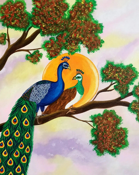 Peacock Couple (ART-15598-103880) - Handpainted Art Painting - 12in X 16in