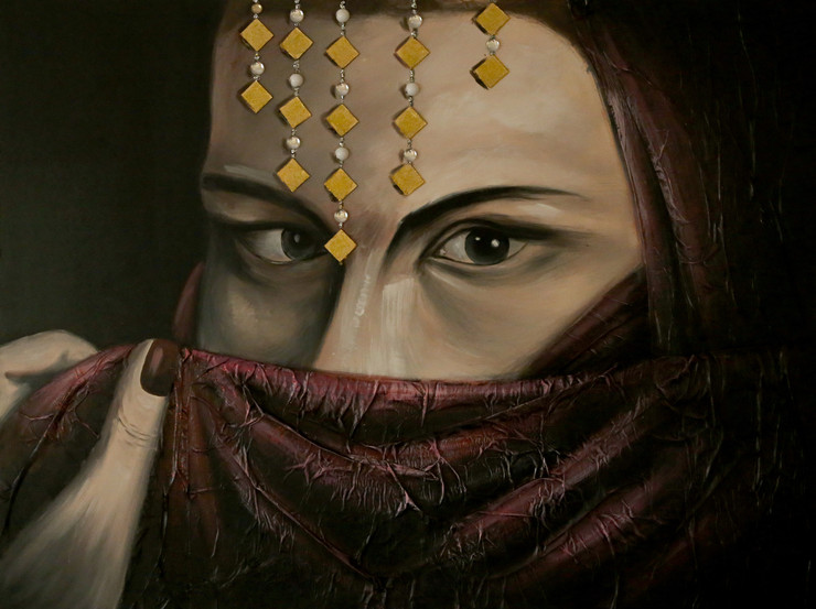 The Eyes Behind the Veil. (ART_5777_33627) - Framed Handmade Painting - 48in X 36in (Framed)