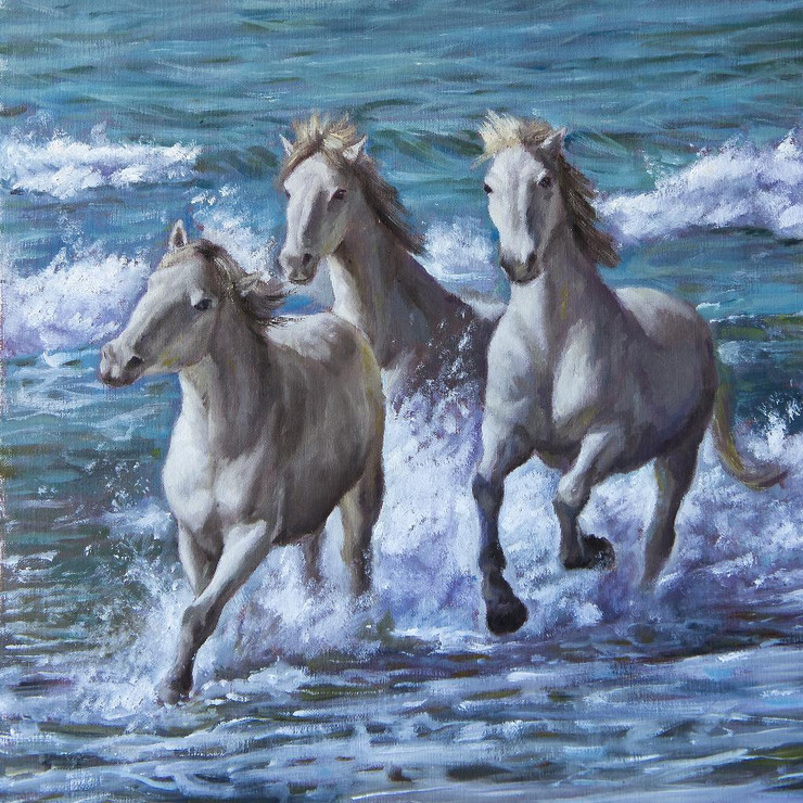 Horses By Sea (PRT_1051) - Framed Canvas Art Print - 18in X 18in