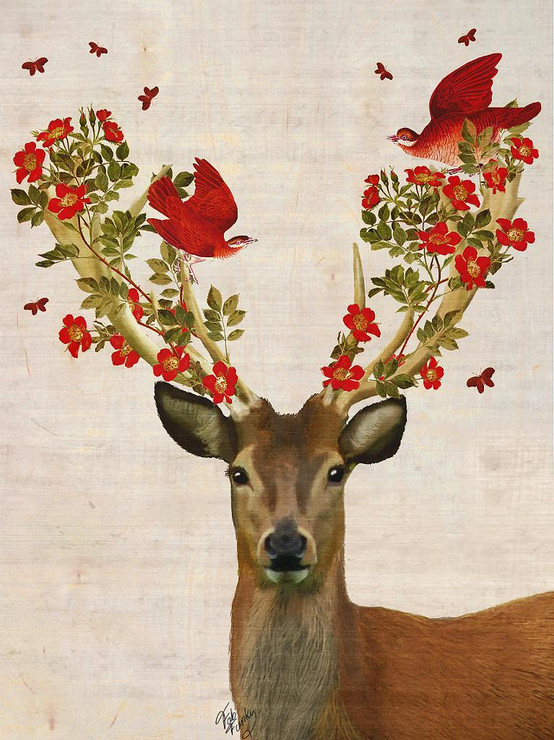 The Birds With Deer 02 (PRT_1277) - Framed Canvas Art Print - 27in X 36in