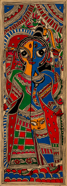 Madhubani Shiv Parvati  (FR_1523_72752) - Framed Handmade Painting - 11in X 30in