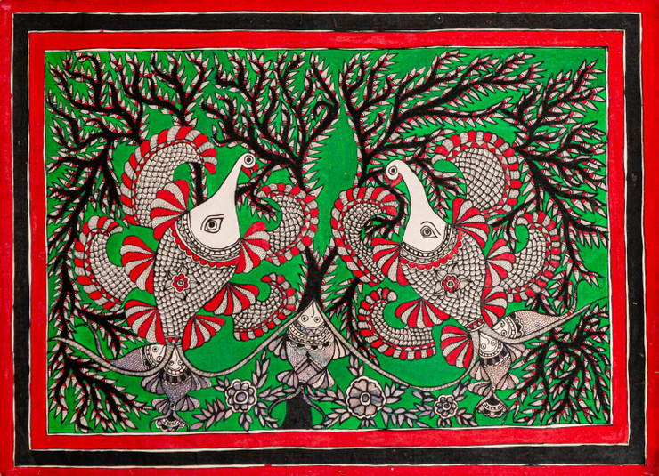 Madhubani Multi Color Peacock (FR_1523_72680) - Framed Handmade Painting - 30in X 22in