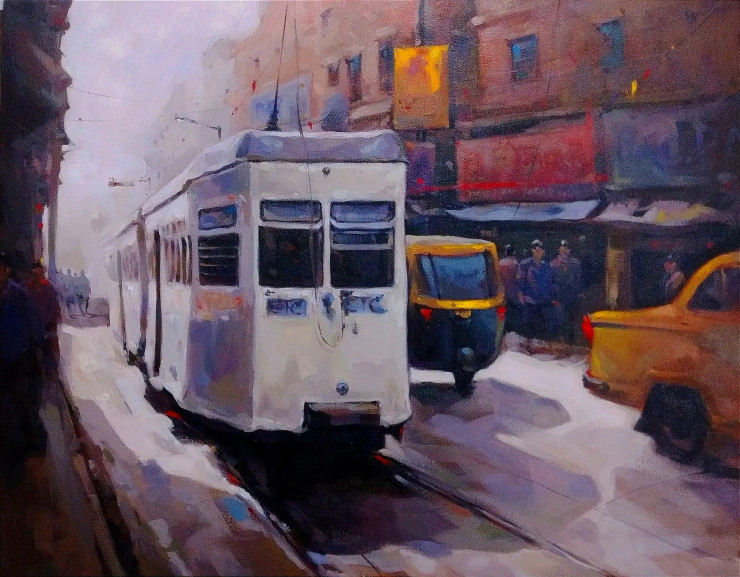 Kolkata Tram (ART-8170-103968) - Handpainted Art Painting - 30in X 24in