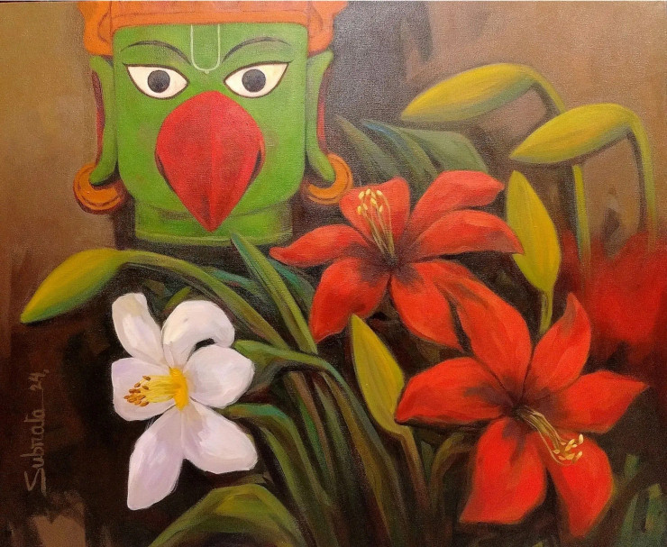 Garur With Lily (ART-8170-103969) - Handpainted Art Painting - 36in X 30in