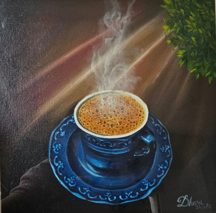 "The Tea Cup" (ART-15882-104037) - Handpainted Art Painting - 12in X 12in