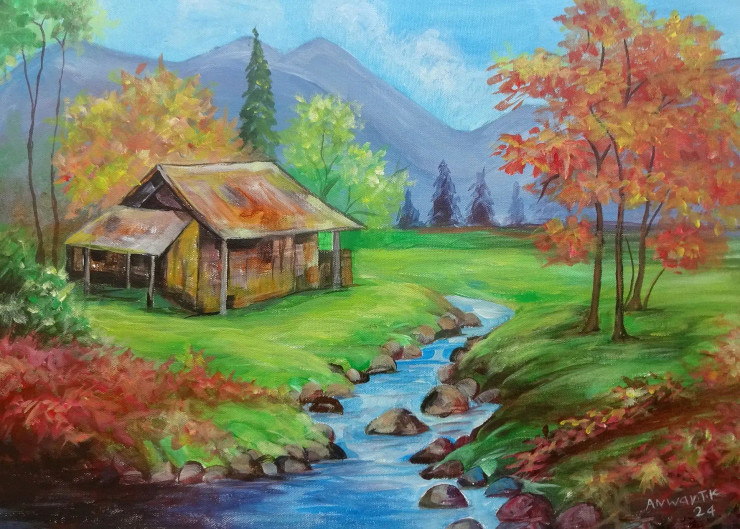 Scenery Mountain (ART-15898-104022) - Handpainted Art Painting - 20in X 14in