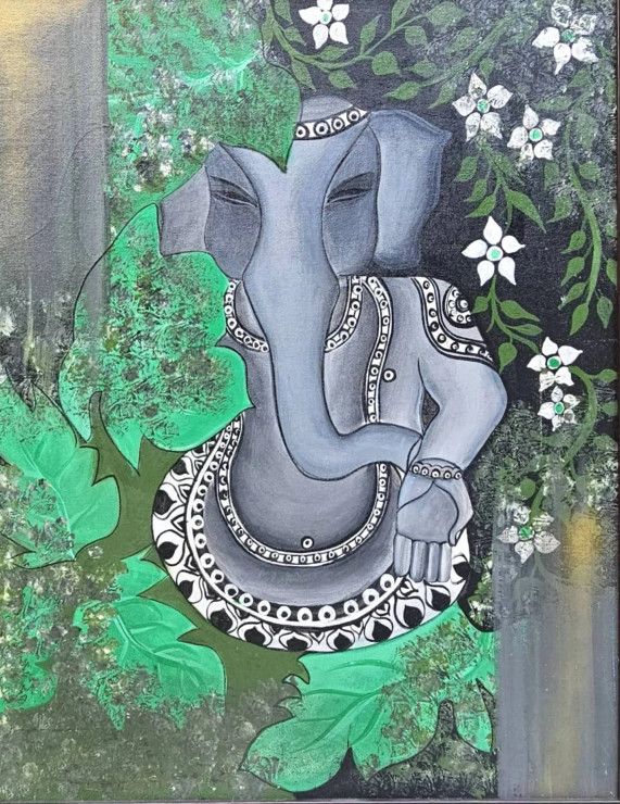 Beautiful Lord Ganesha Handmade Acrylic Canvas Painting (ART-15886-103914) - Handpainted Art Painting - 18in X 22in