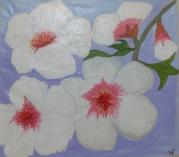 White Blooms  On An Almond Branch (ART-8632-104050) - Handpainted Art Painting - 14in X 13in