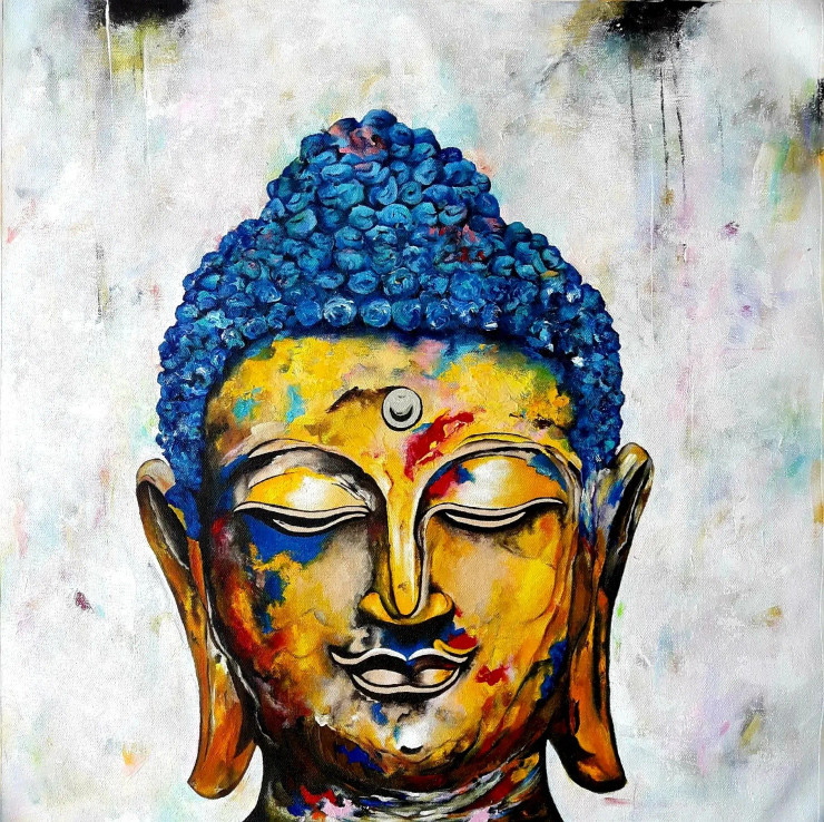 Gautam Buddha With White And Light Colour Background (ART-8034-104048) - Handpainted Art Painting - 20in X 20in