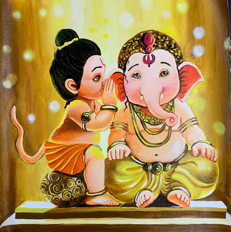 Hanuman Whispers: Ganesha Listens (ART-15908-104129) - Handpainted Art Painting - 18in X 18in