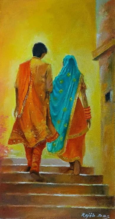 Couple Painting (ART-4209-104103) - Handpainted Art Painting - 8in X 13in