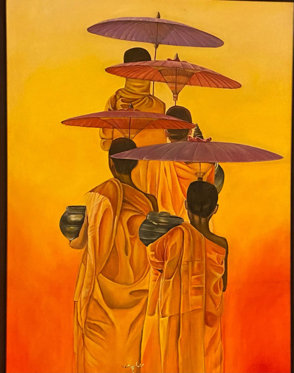 4 Monks In Bright Yellow Backdrop (ART-8171-104082) - Handpainted Art Painting - 36in X 48in