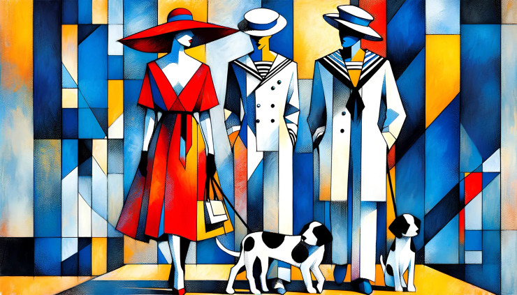 Avant-Garde Elegance: Red-Hatted Muse And Sailor Stripes In Geometric Harmony (PRT-8907-104189) - Canvas Art Print - 24in X 14in