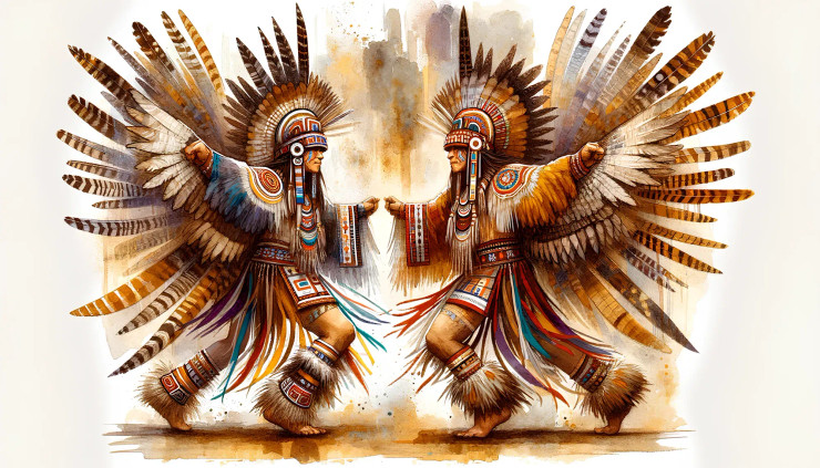 Indigenous Eagle Dance Regalia - Vibrant Ceremonial Art Illustration (PRT-8907-104257) - Canvas Art Print - 24in X 14in