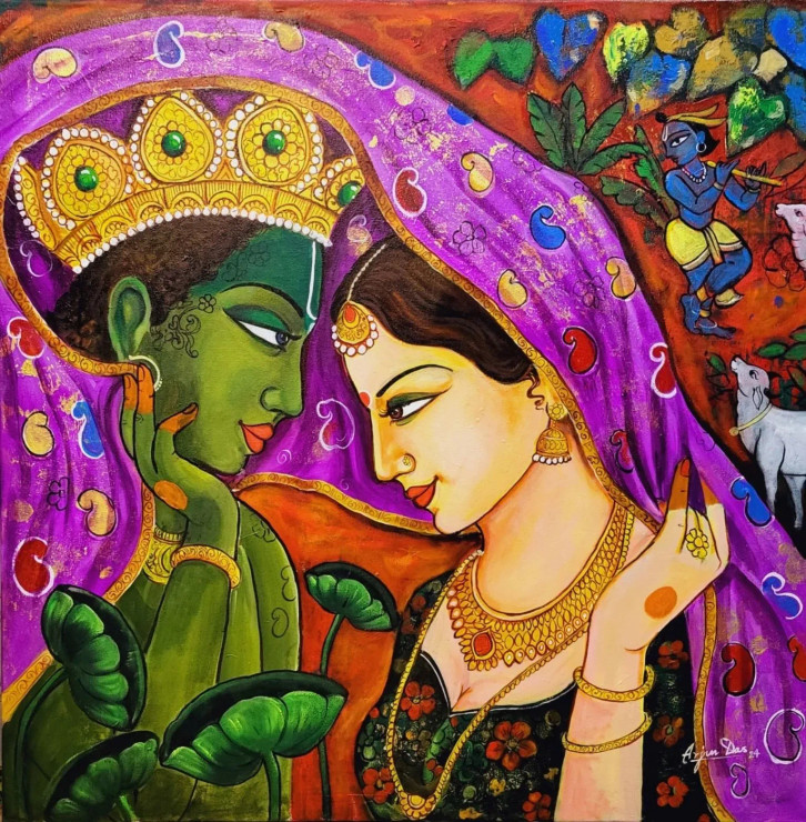 Radha Ka Sangam (ART-82-104273) - Handpainted Art Painting - 36in X 36in
