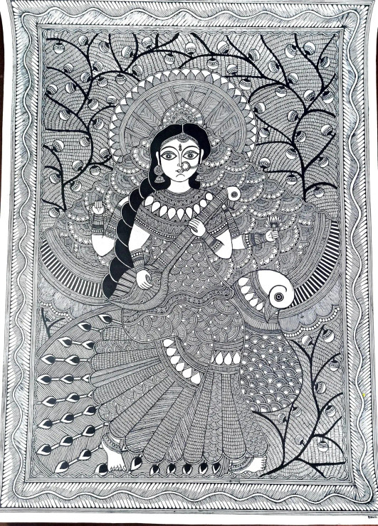 Madhubani Style Maa Saraswati (ART-15948-104264) - Handpainted Art Painting - 20in X 28in