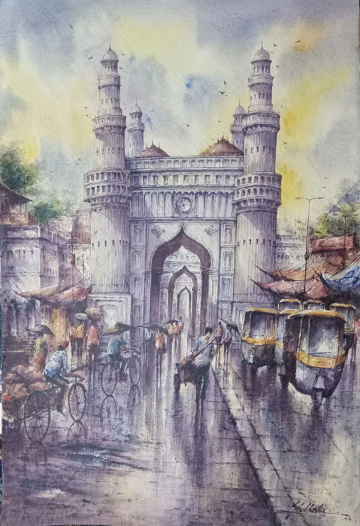 The Charminar - 3 (ART-5995-104275) - Handpainted Art Painting - 15in X 22in