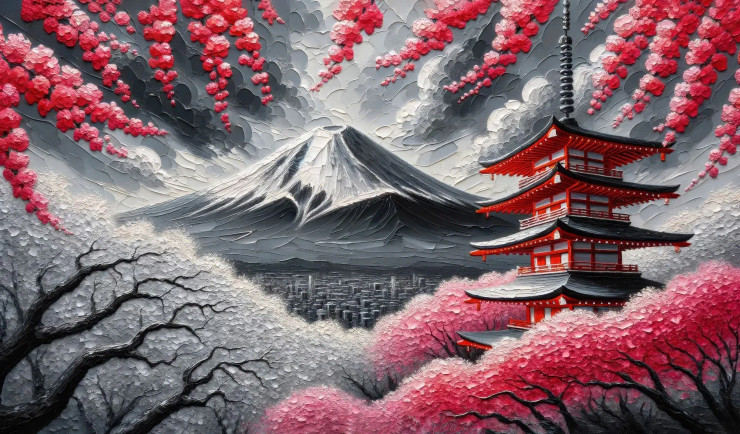 Fuji's Grace: Cherry Blossoms' Embrace Of Monochrome Majesty (PRT-15697-104296) - Canvas Art Print - 48in X 28in