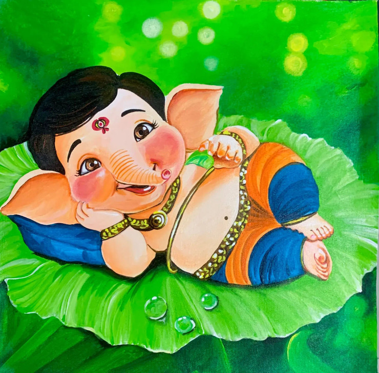 Cute Ganesha (PRT-15908-104312) - Canvas Art Print - 24in X 24in
