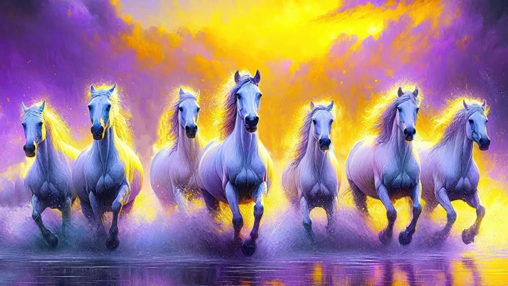 Celestial Gallop: Reverence For The Rigvedic Seven Horses (PRT-15697-104292) - Canvas Art Print - 60in X 34in